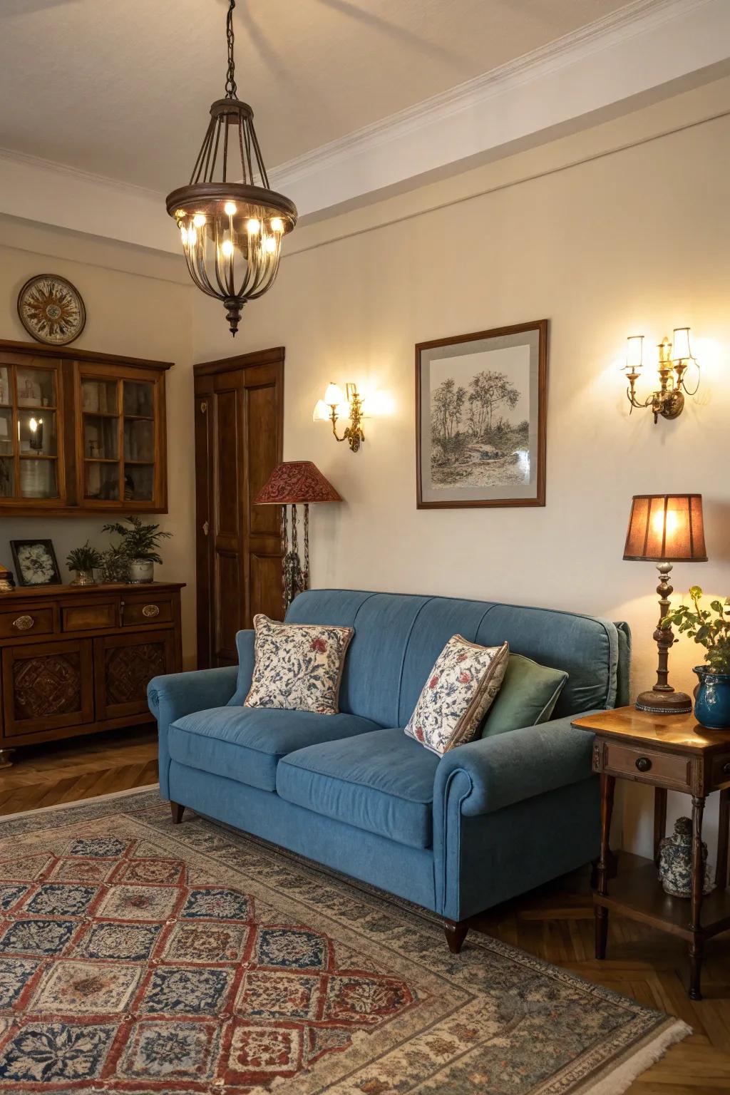 Retro lighting adds elegance and nostalgia to a sapphire sofa setting.