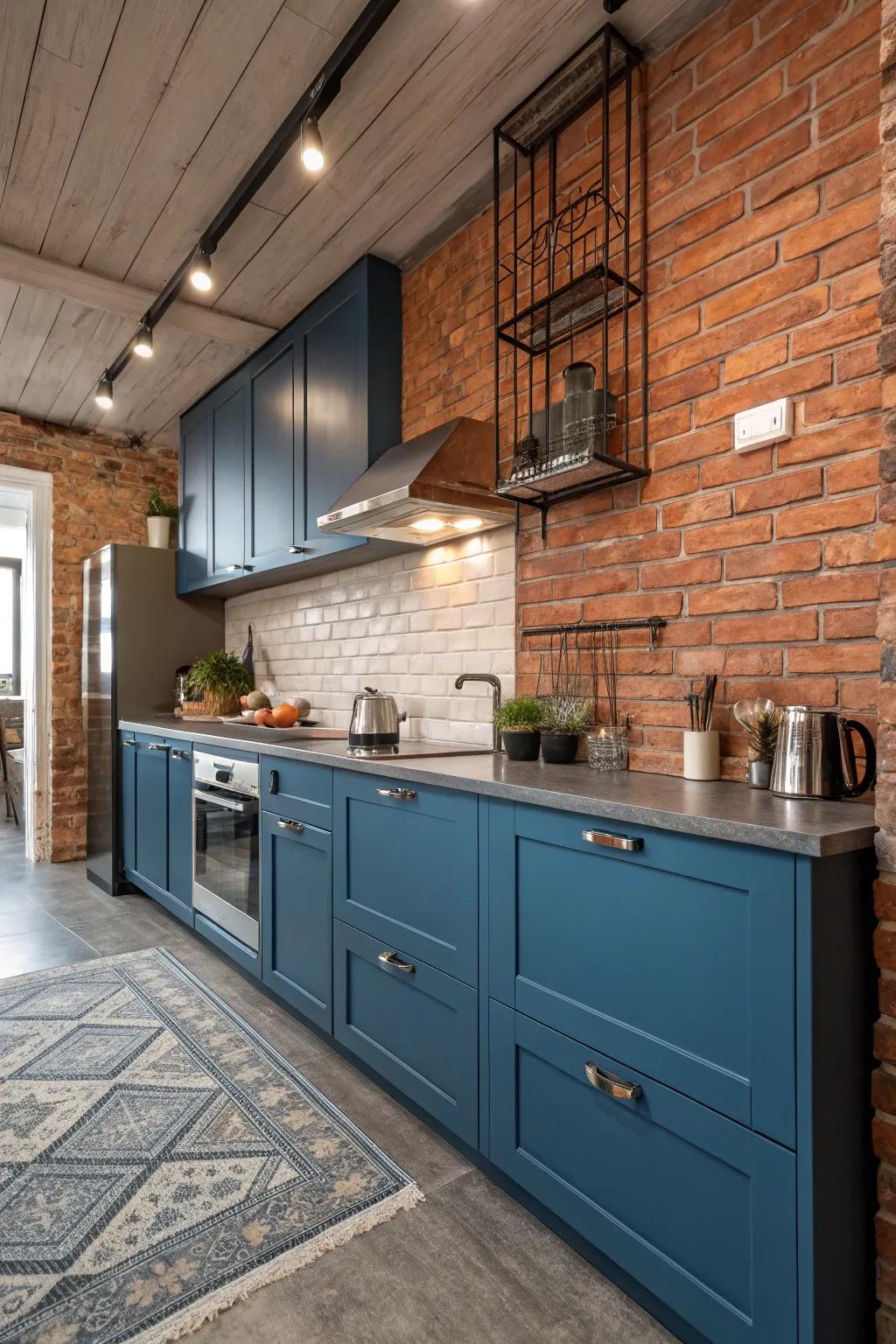 Azure cabinetry with industrial components crafts a singular cooking space vibe.