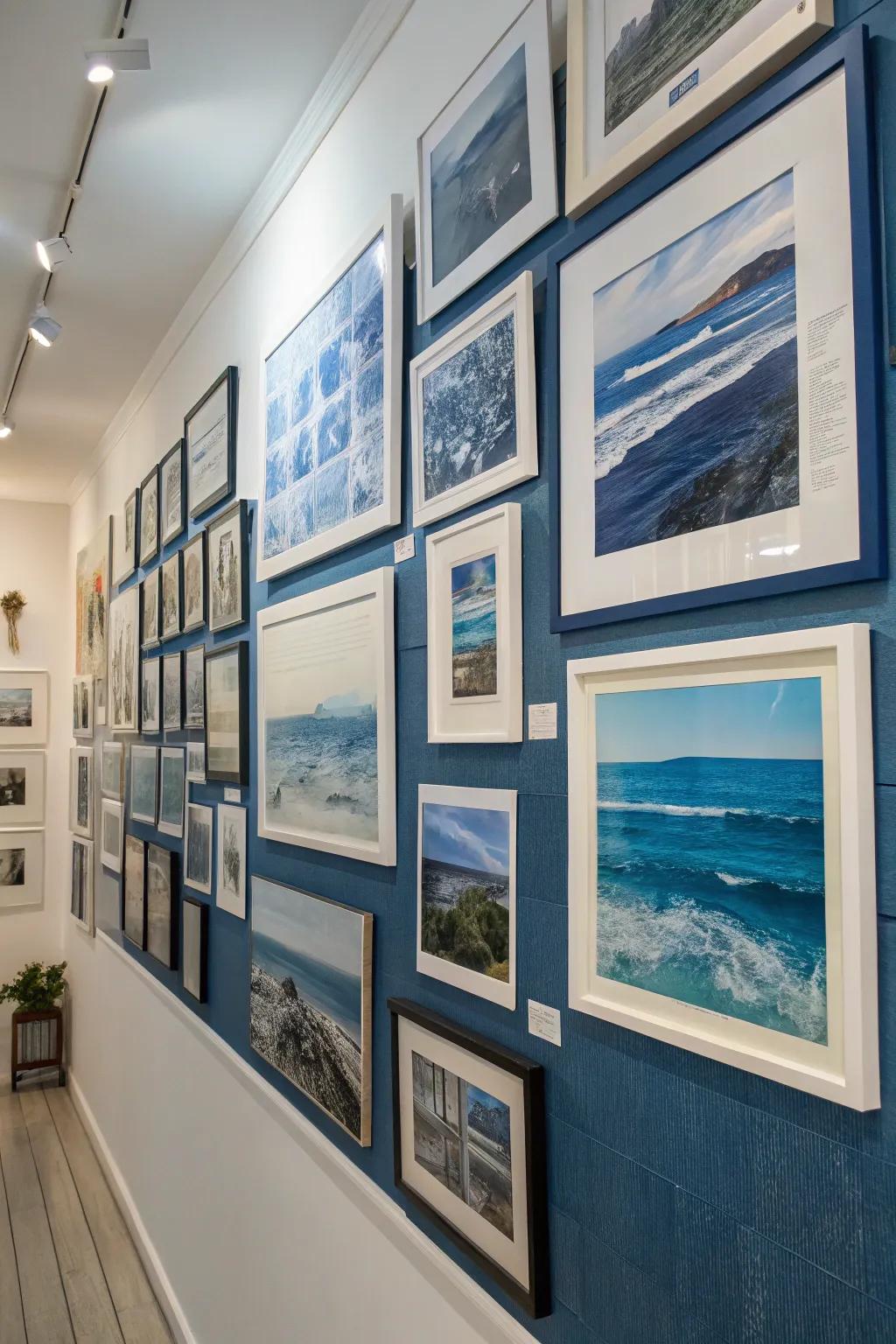 A display wall with azure-hued art adds a curated and personal touch.