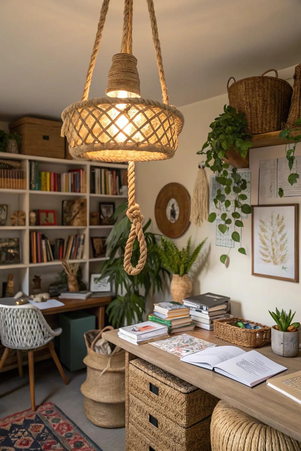 A hemp rope light fixture adds rustic elegance to this boho home office.