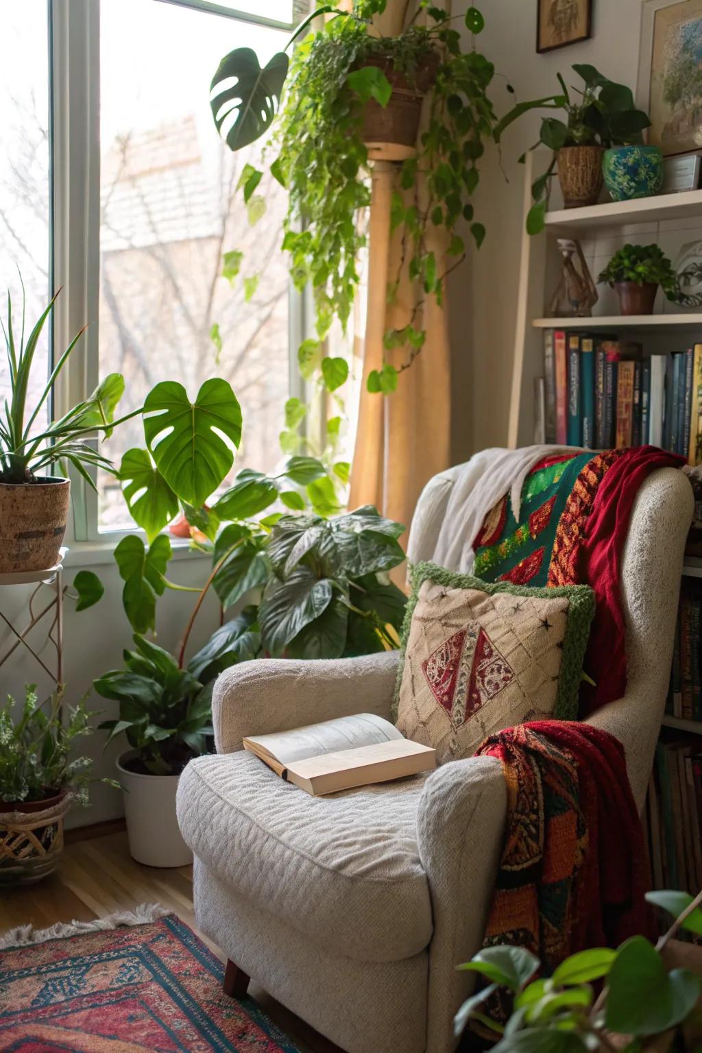 A literary corner offers a peaceful retreat in the plant room.