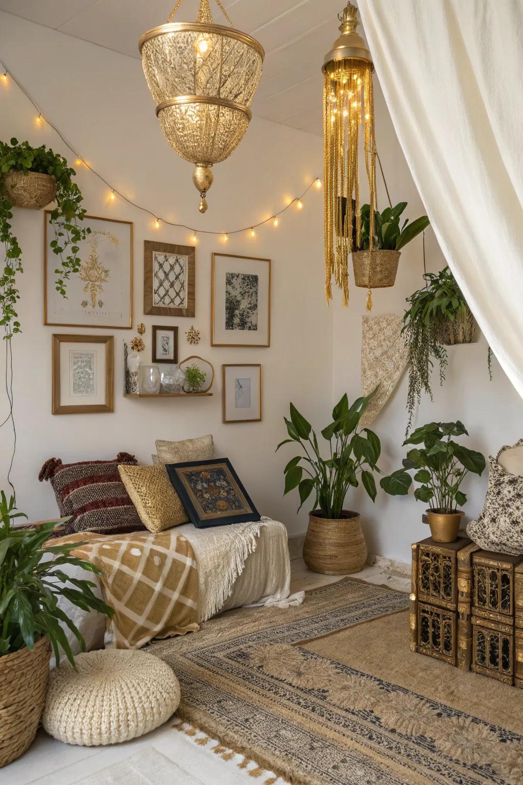 Gold accents give a sophisticated touch to bohemian decor.