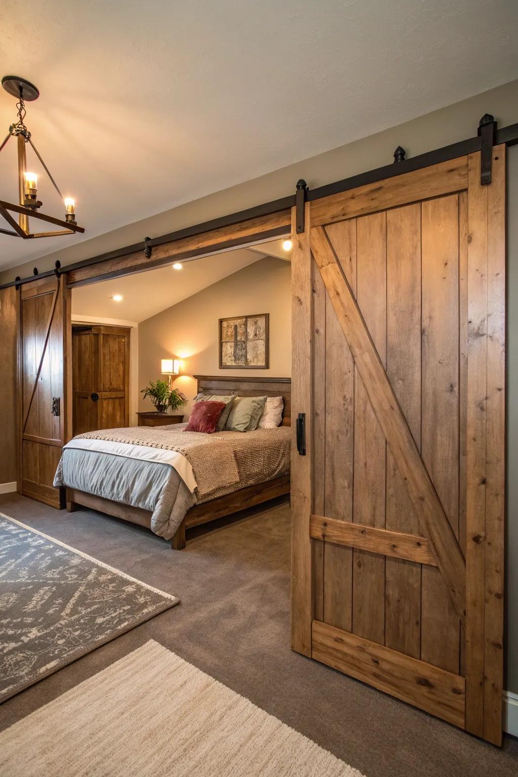 Sliding barn doors add rustic charm and functionality.