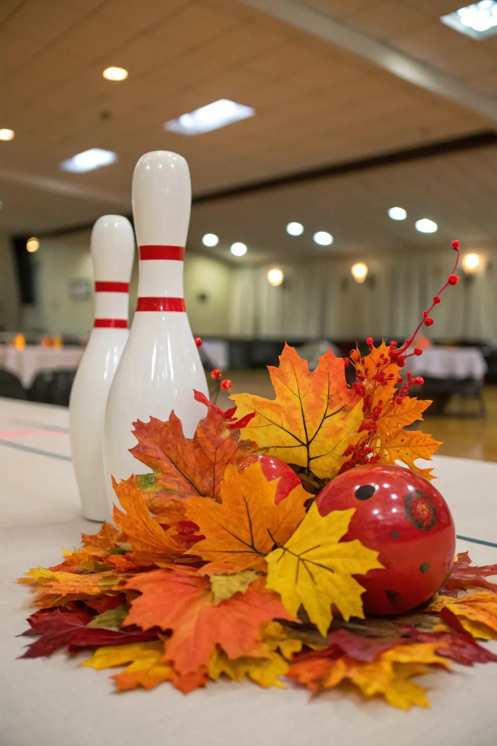 A seasonal element with autumn foliage for a fresh bowling centerpiece.