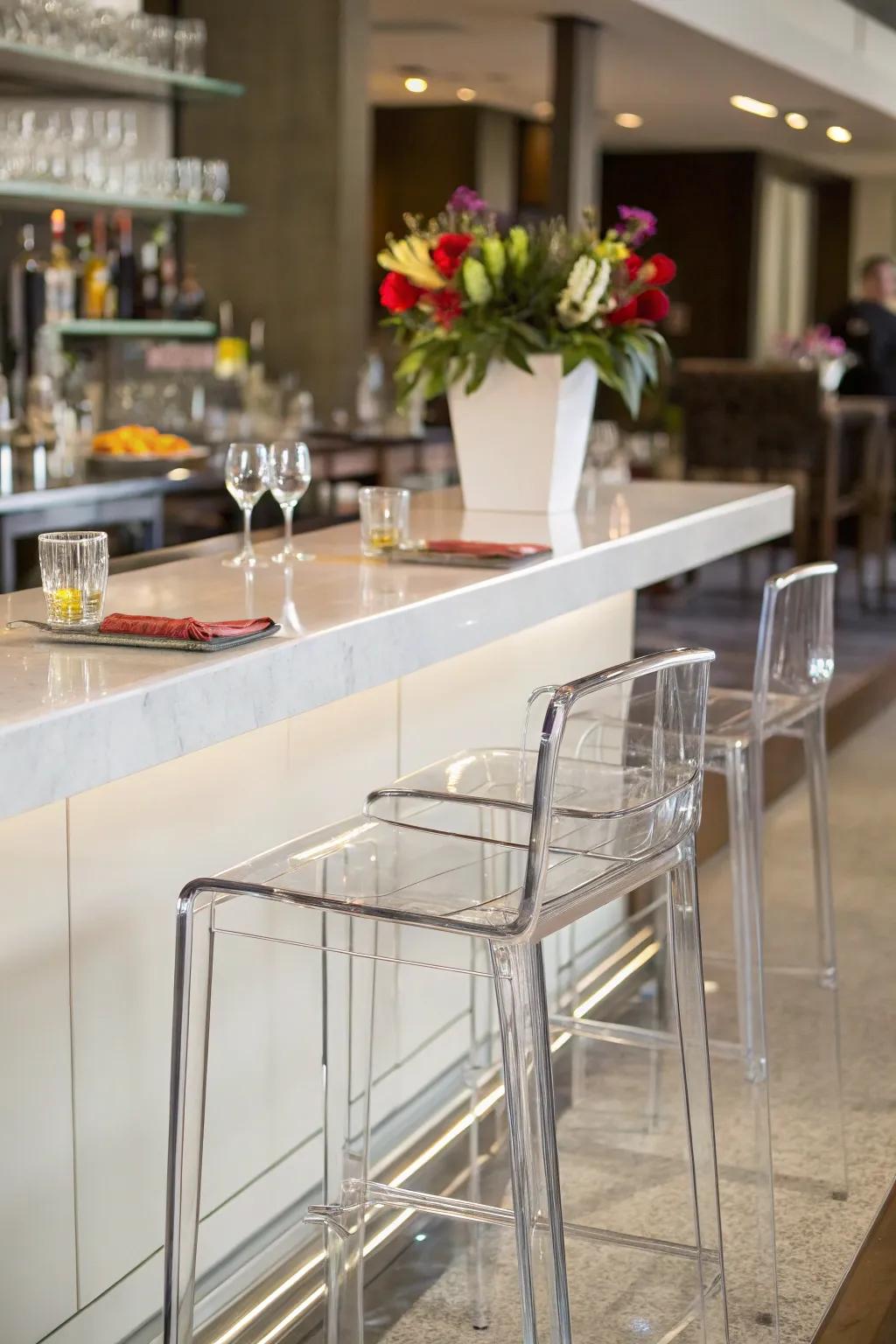 A breakfast bar using see-through elements for an airy feel.