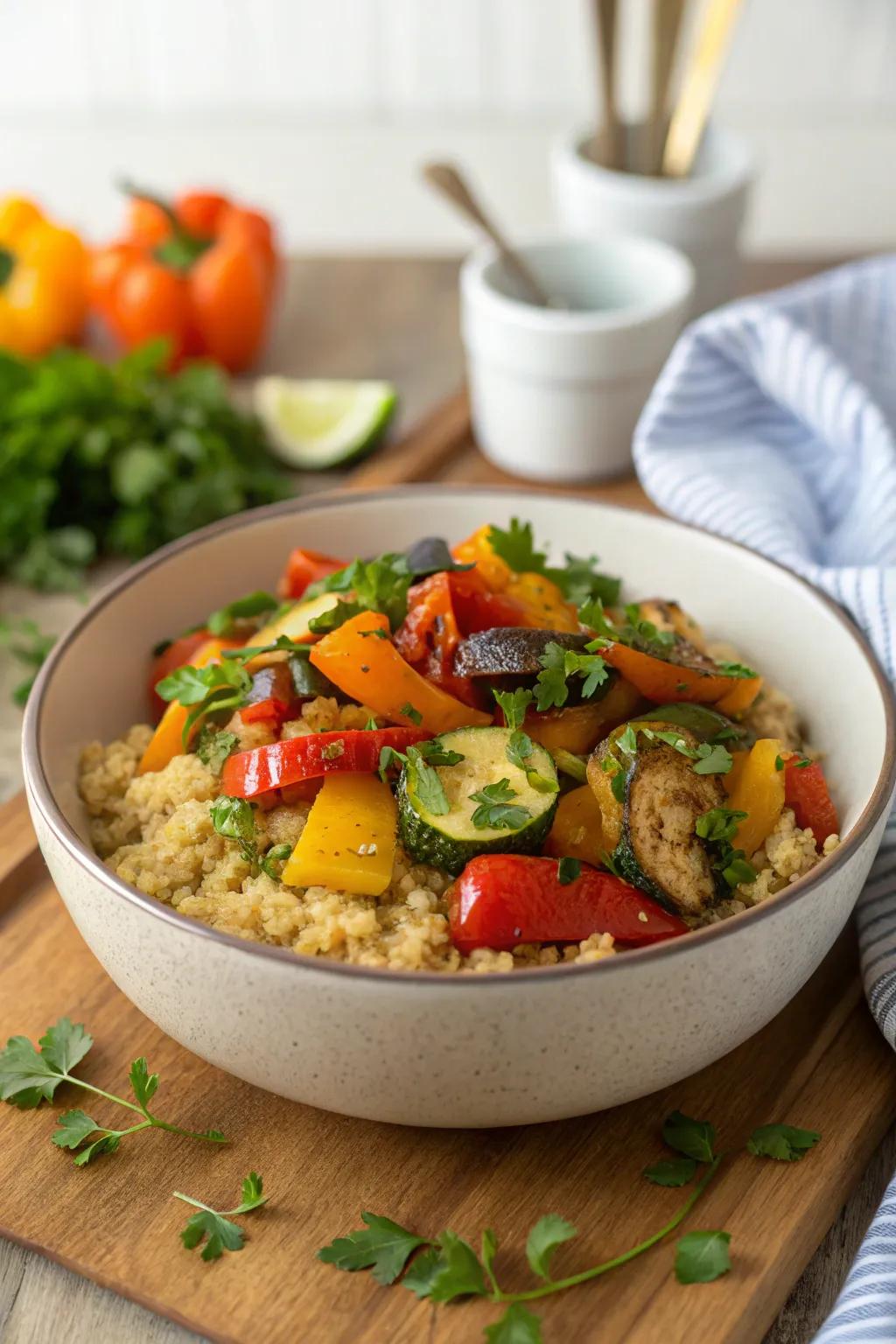 A nutritious quinoa bowl with broiled vegetables.