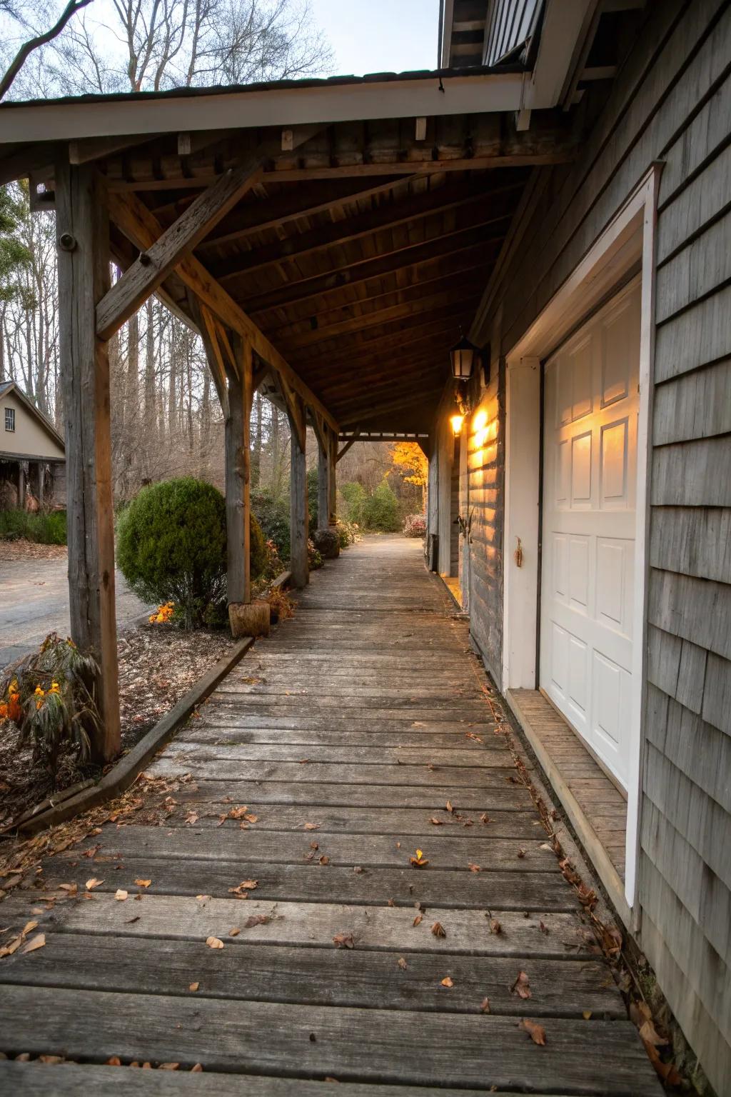 A weathered wood walkway breezeway that radiates rustic character and charm.