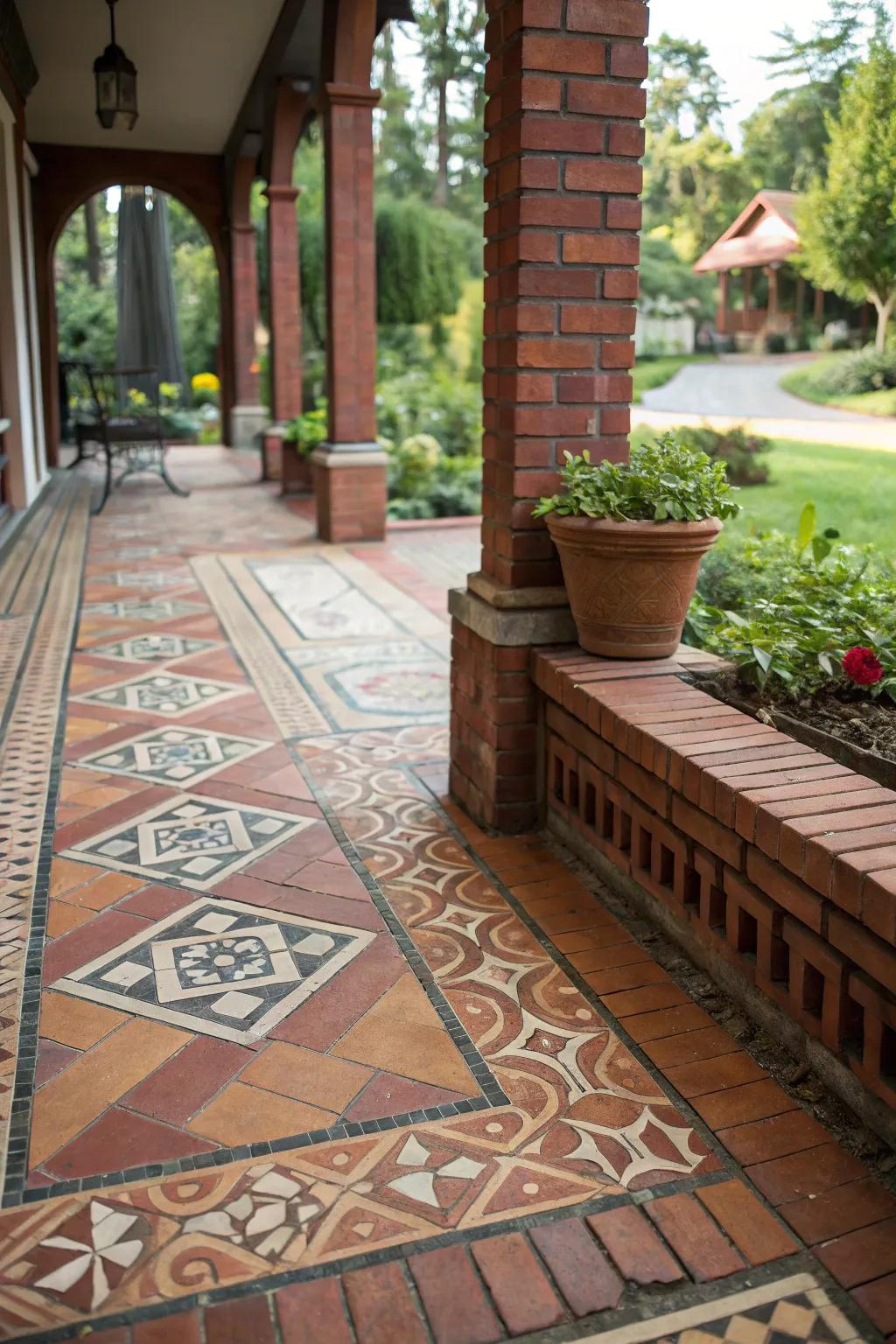 Inlaid tiles introduce distinct and artistic features to brick patio styles.