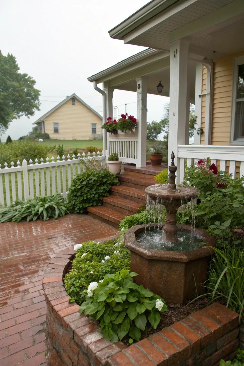 A fountain enhances the serene atmosphere of this lovely porch.