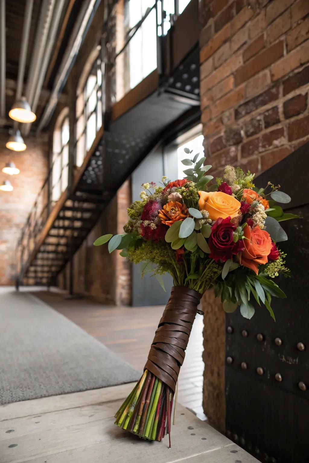 Leather wraps add an unexpected twist to modern bridal bouquets.