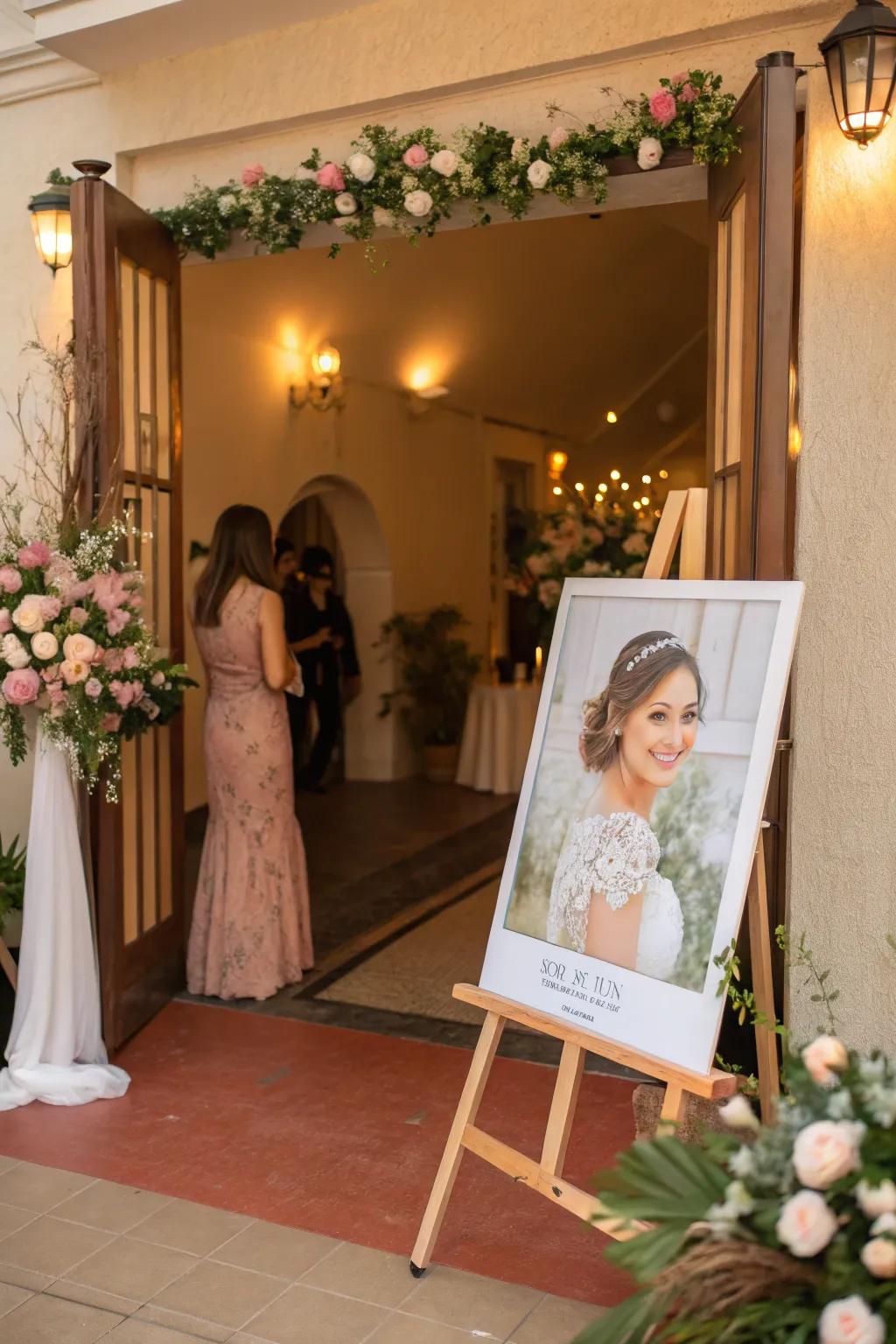 A stunning likeness of the bride on a stand welcomes visitors with elegance and warmth.