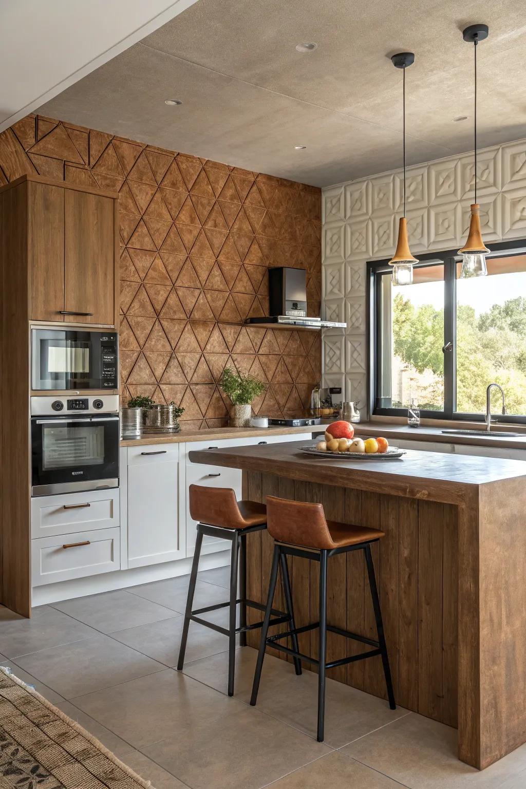 Textured parapet paneling in chocolate furnishes an elegant kitchen backdrop.