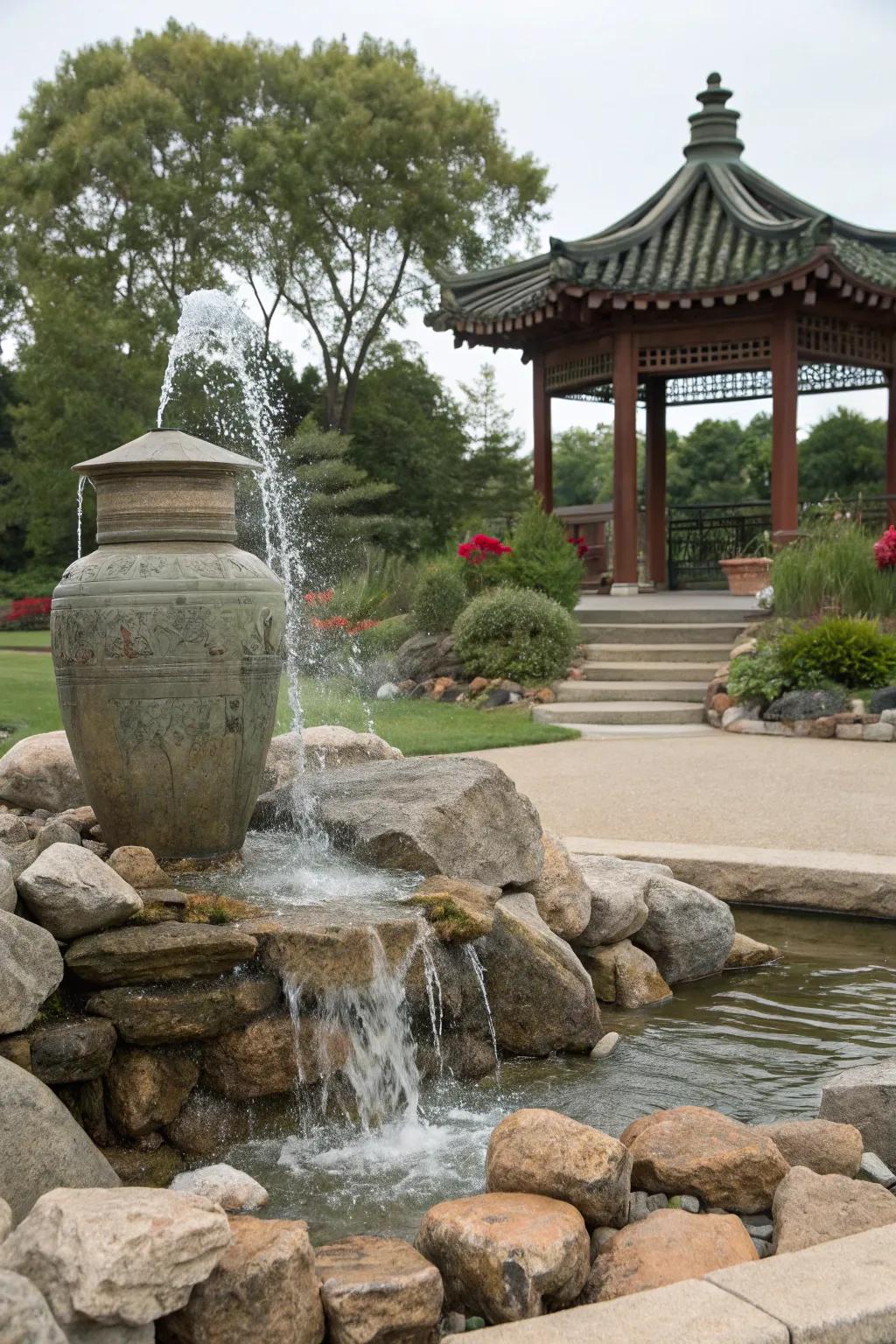 Cultural accents contribute depth and intrigue to this garden fountain.