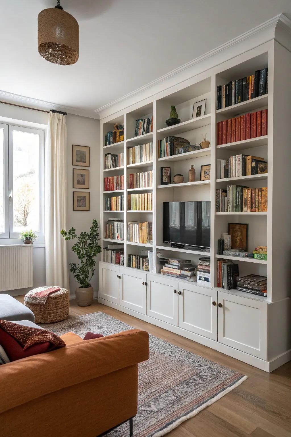 Vertical storage helps keep your living room tidy without sacrificing floor space.