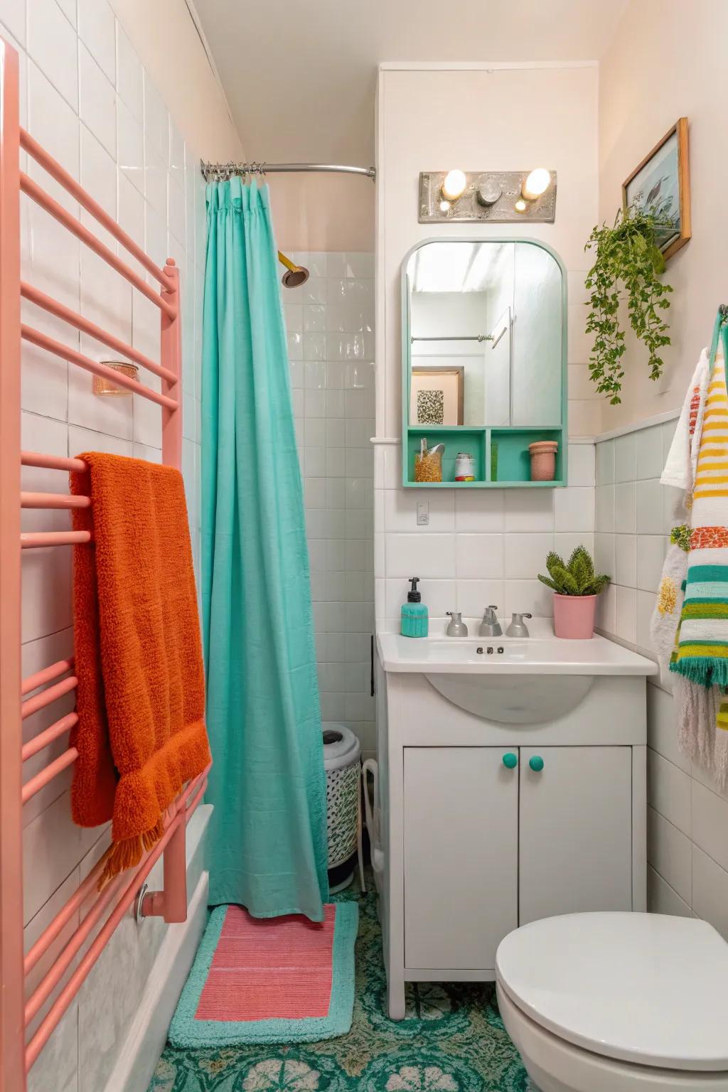 This small bathroom is made more theatrical by the use of striking accents.