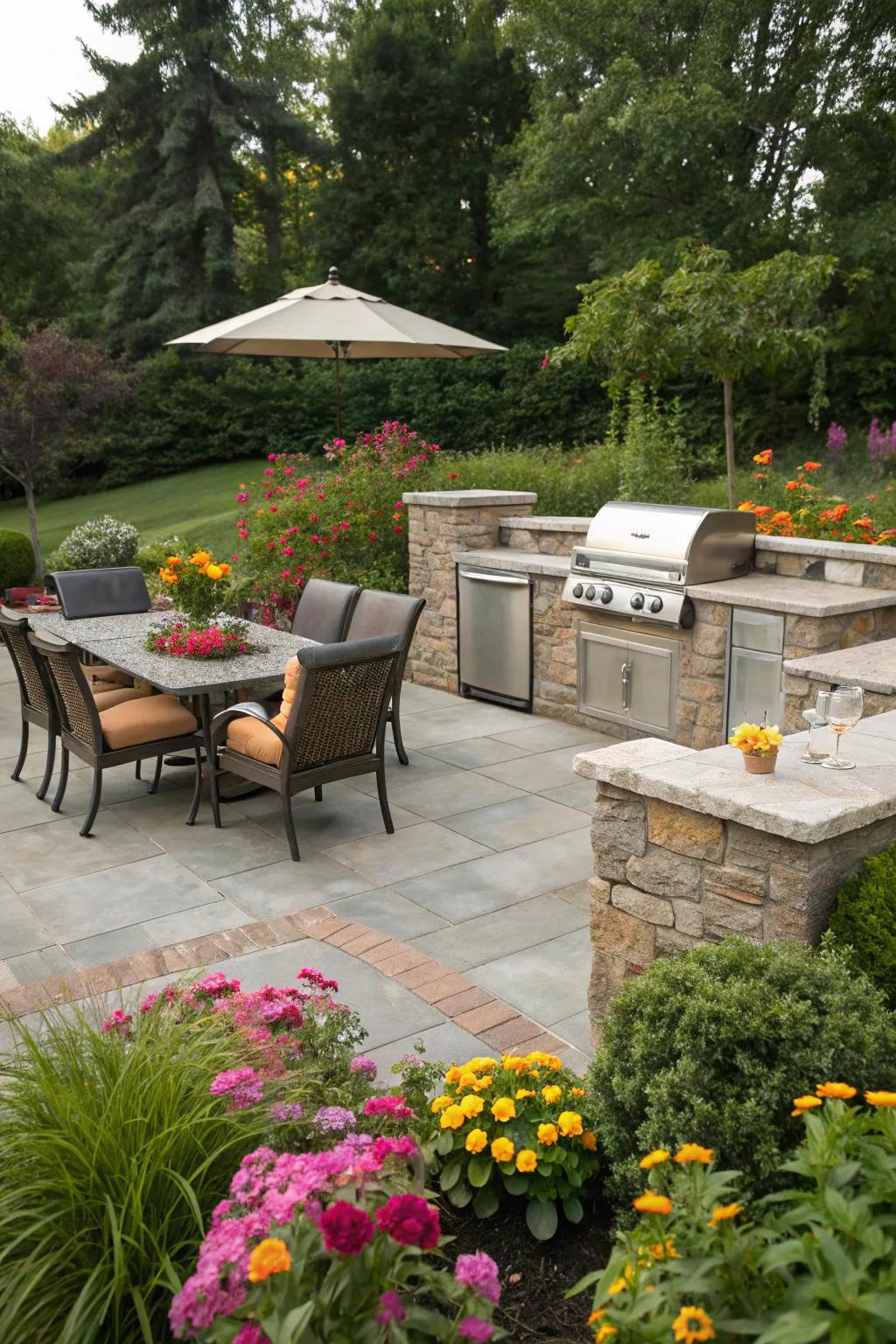 Integrated lounging guarantees comfort when grilling.