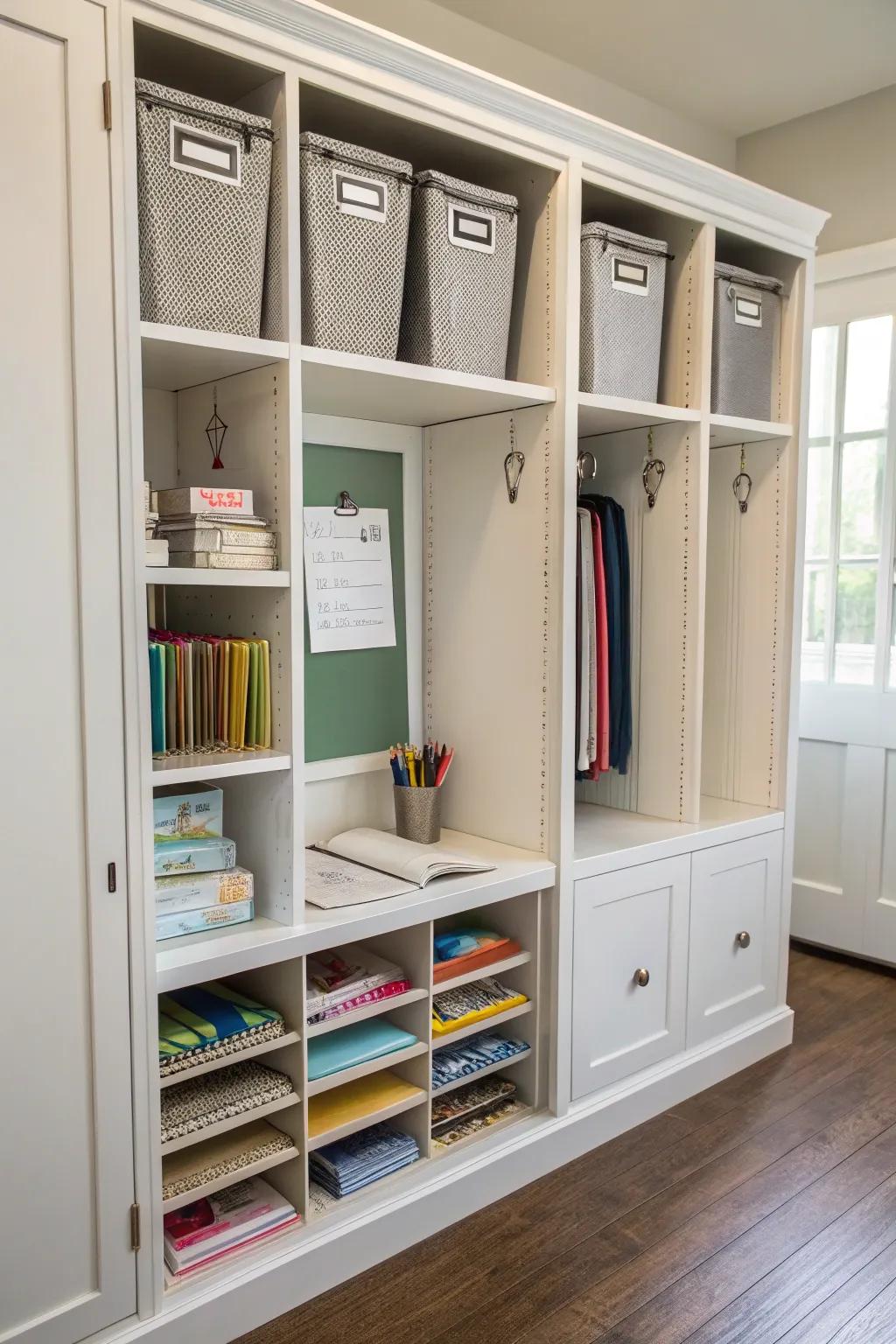 Office supplies neatly stored in custom-built storage.