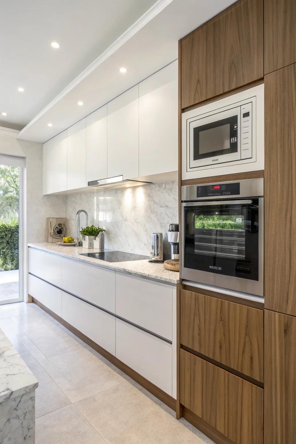 Contemporary kitchen featuring a wave emitter recessed into the wall.