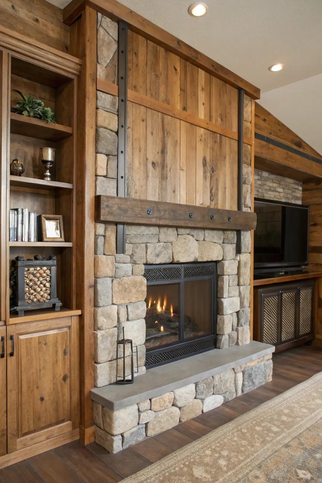 Blending textures contributes depth and visual appeal to the fireplace's built-in features.