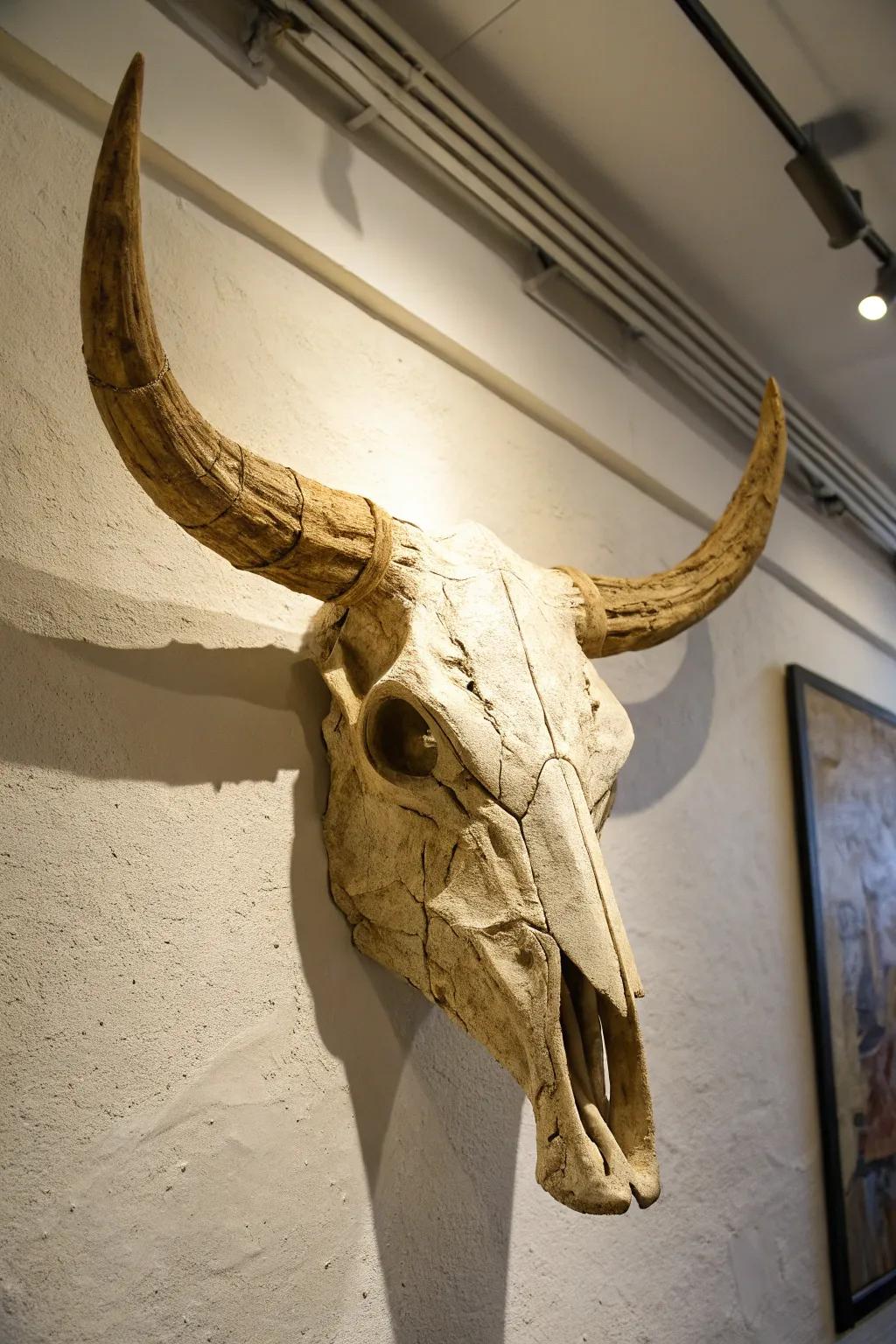 DIY art project with a handmade bull skull.
