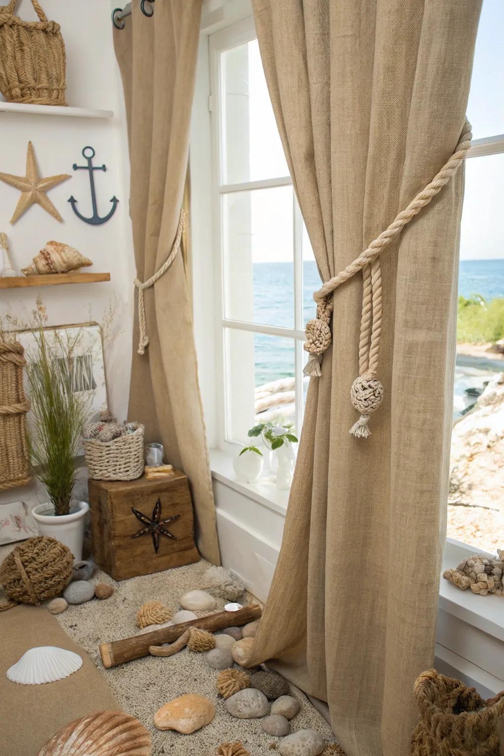 Seaside vibes through nautical highlights on material window coverings.
