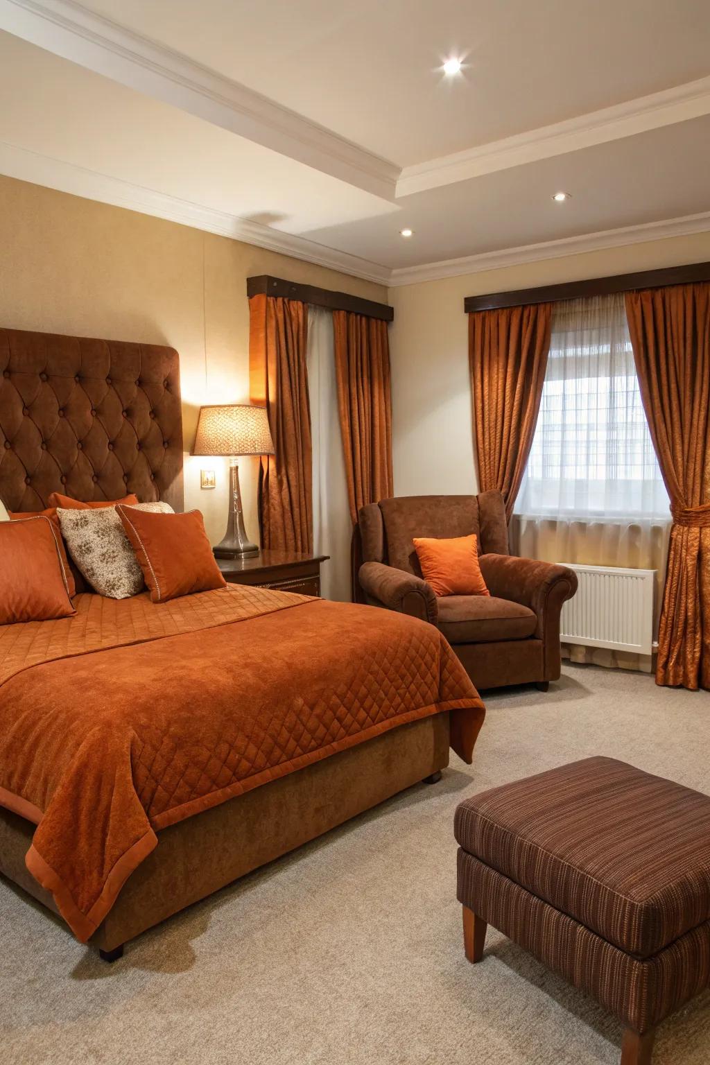 Chocolate upholstered furnishings offer a timeless foundation.