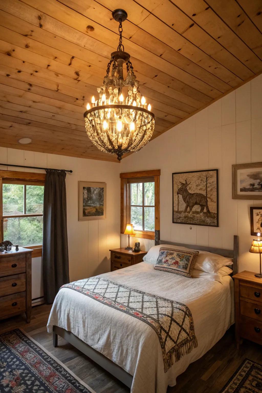 A cabin bedroom featuring a vintage chandelier and unique art.