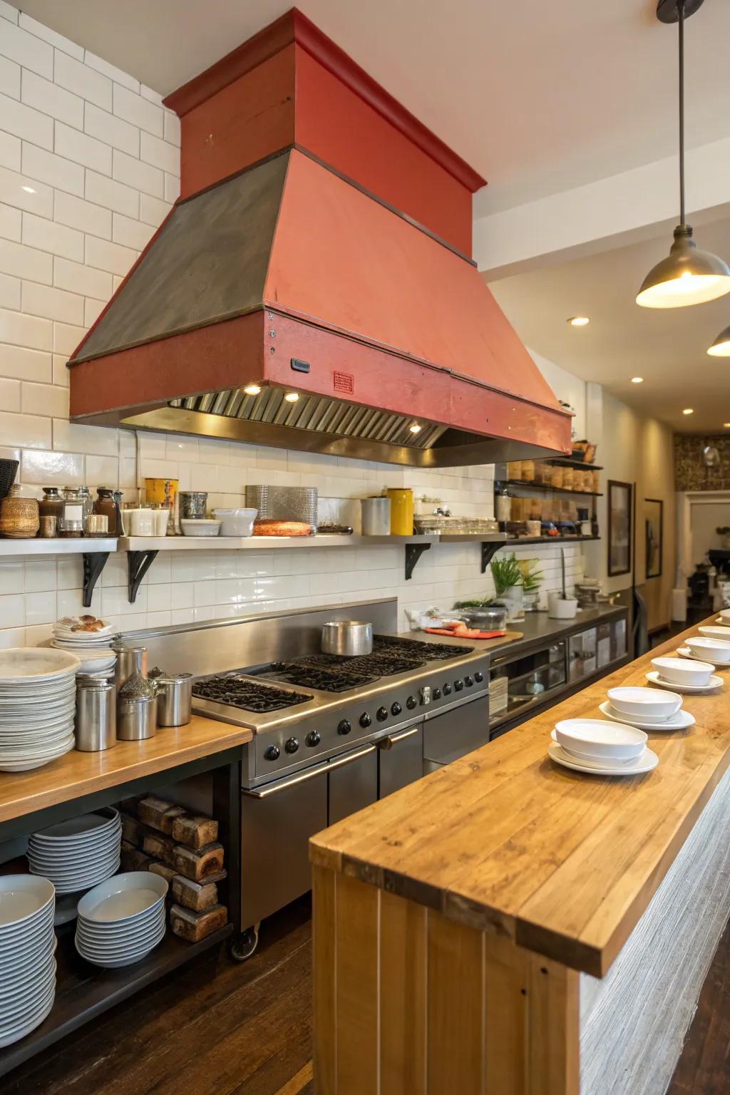 A focal-point hood inside a cafe cooking area serving as a functional centerpiece.