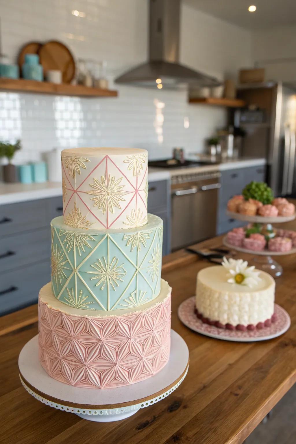 Contemporary geometric motifs depicted in buttercream