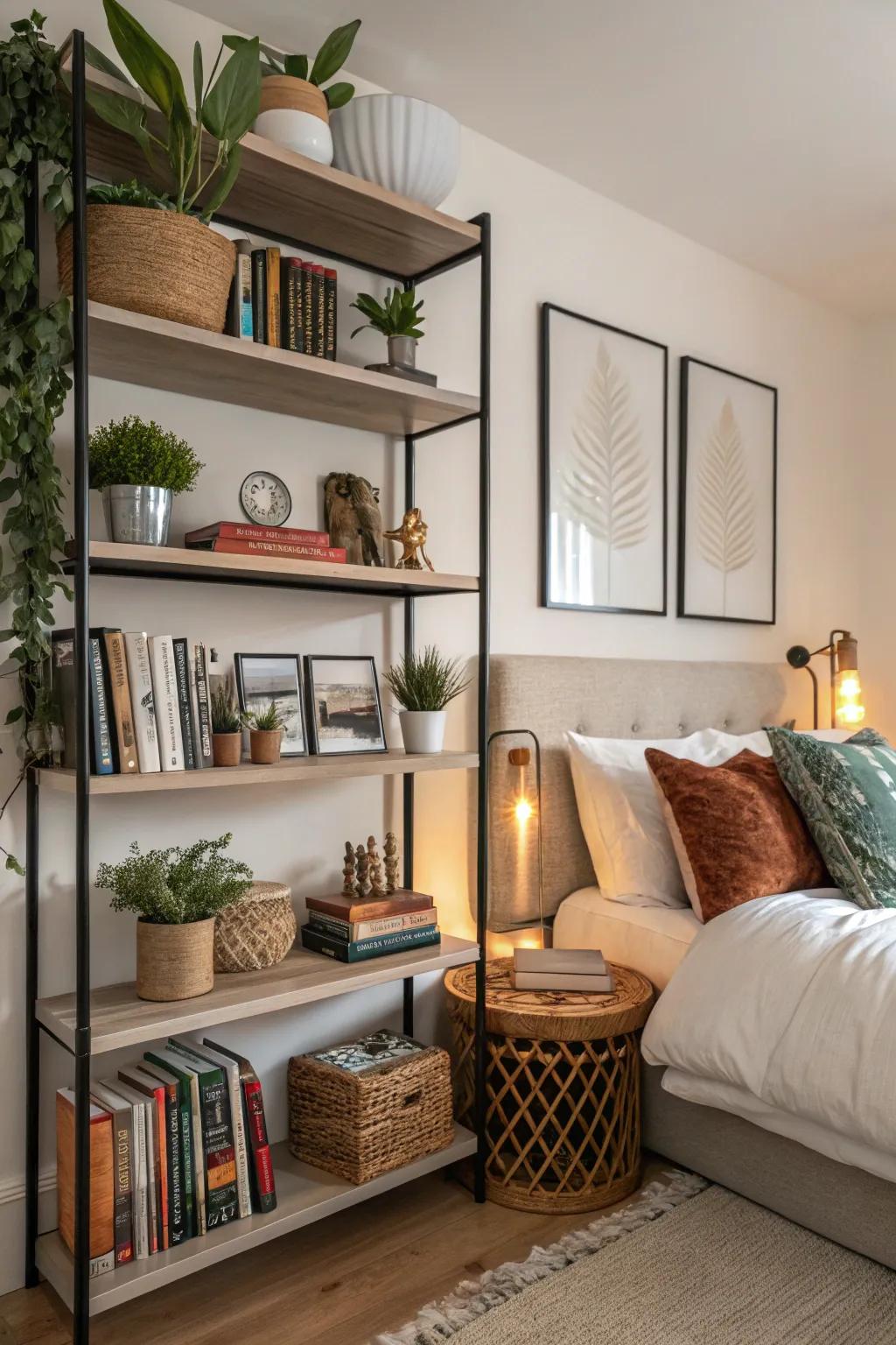 Bedroom featuring open shelving with curated decor items for display.