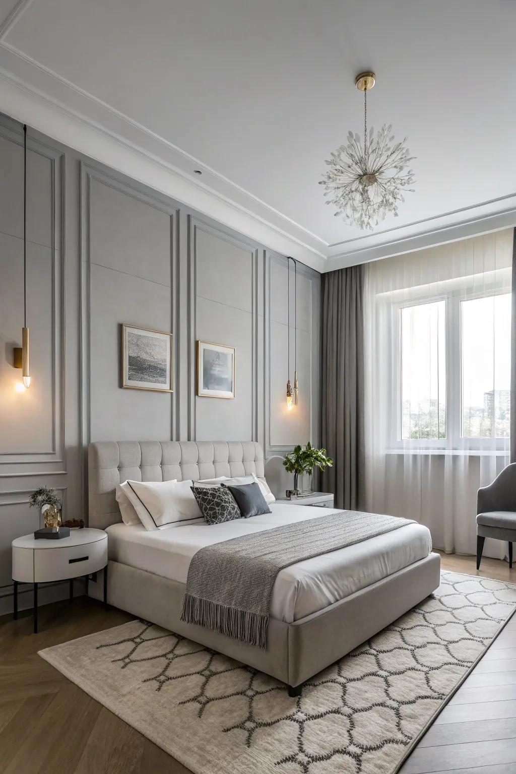 Pale gray walls give a streamlined and calm atmosphere.