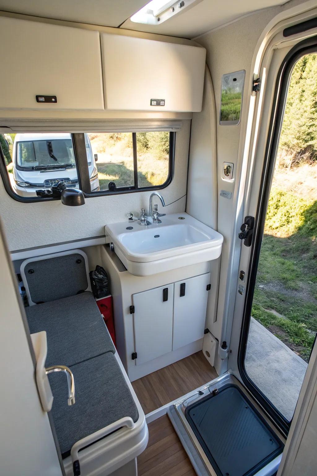 A folding sink design in a mobile home washroom, offering space-saving benefits.