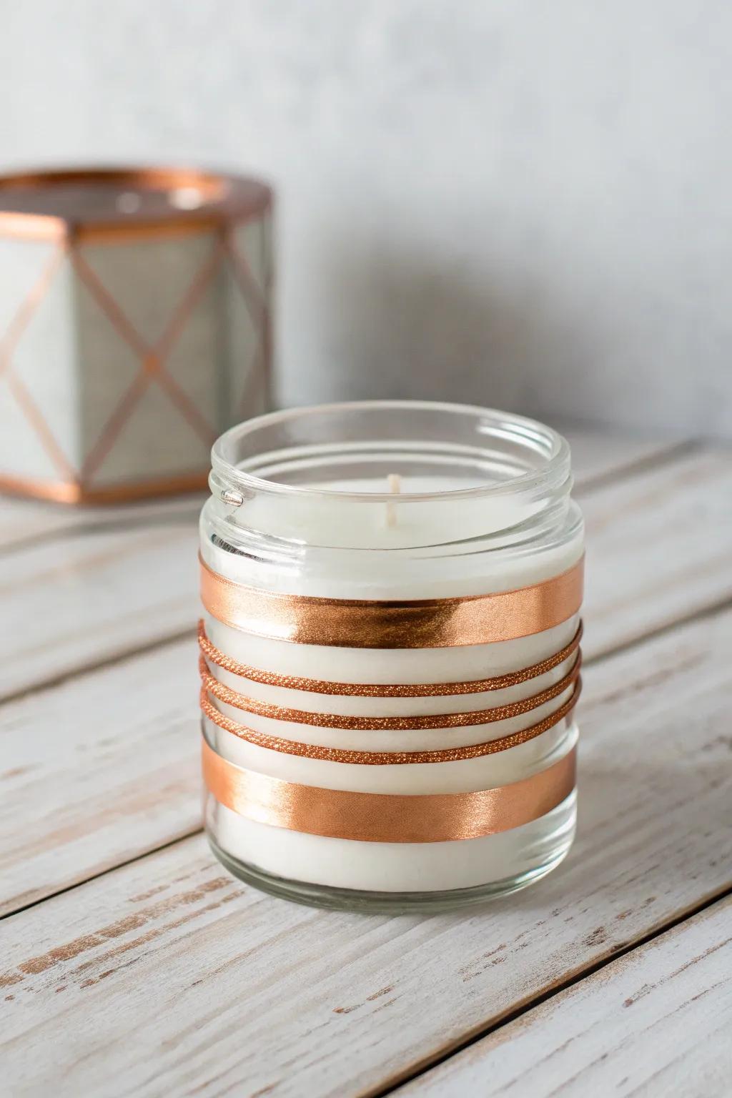 Incorporate a hint of industrial elegance to your area with stylish bronze tape accents on your candle containers.