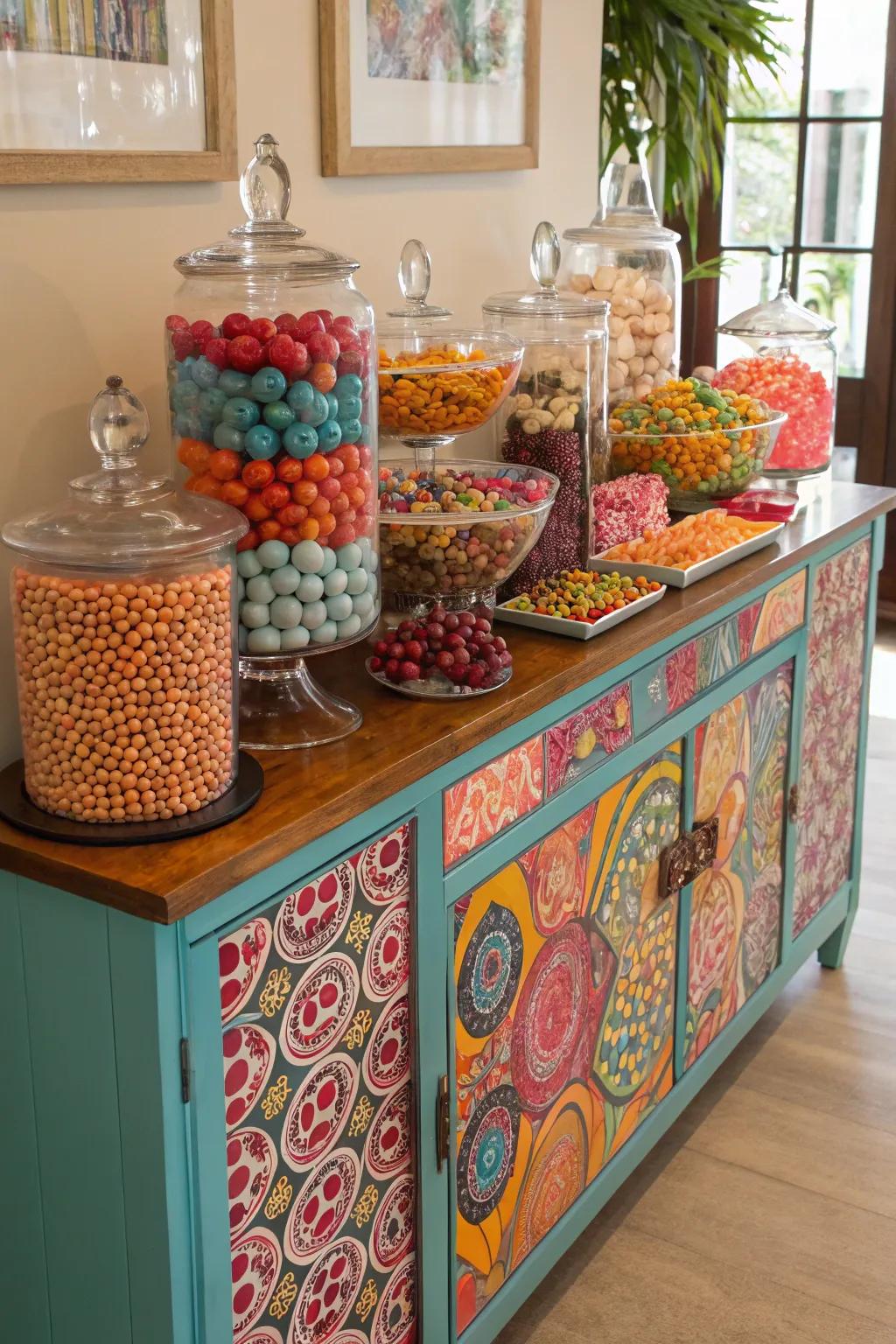 An eclectic composition of styles fashioning a unique sweets display.