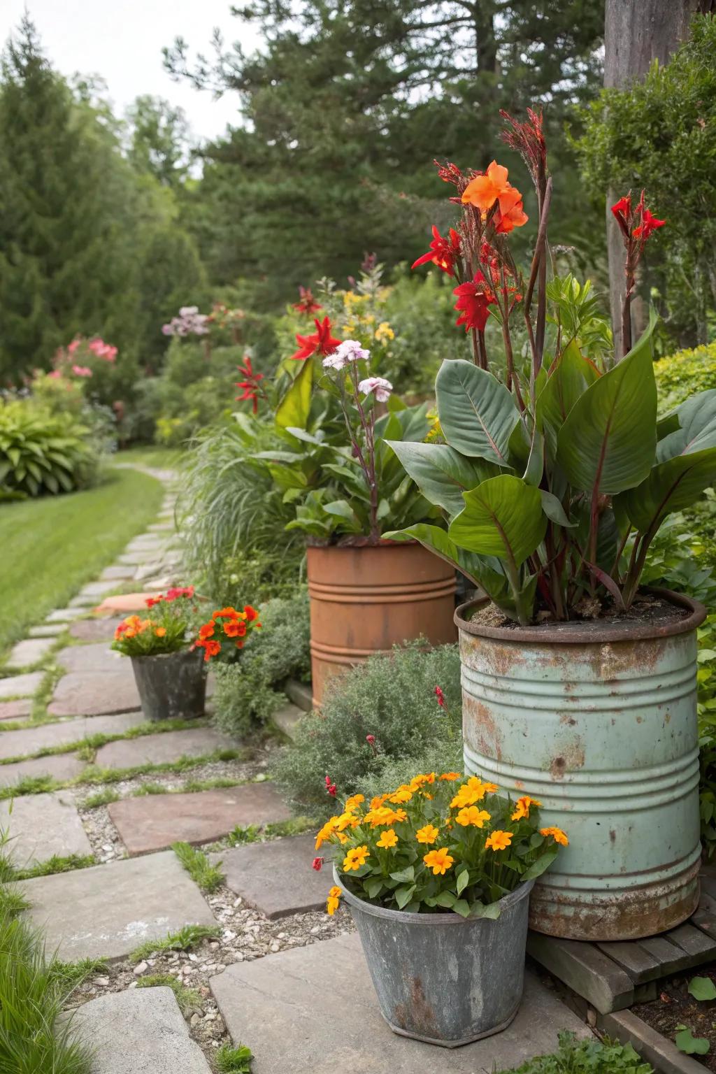 An eco-conscious display of ginger blossoms in creatively repurposed containers.