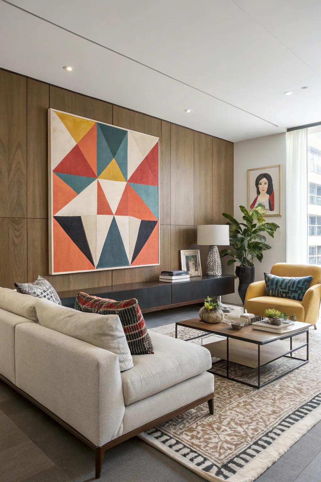 Geometric artwork adds modern structure.