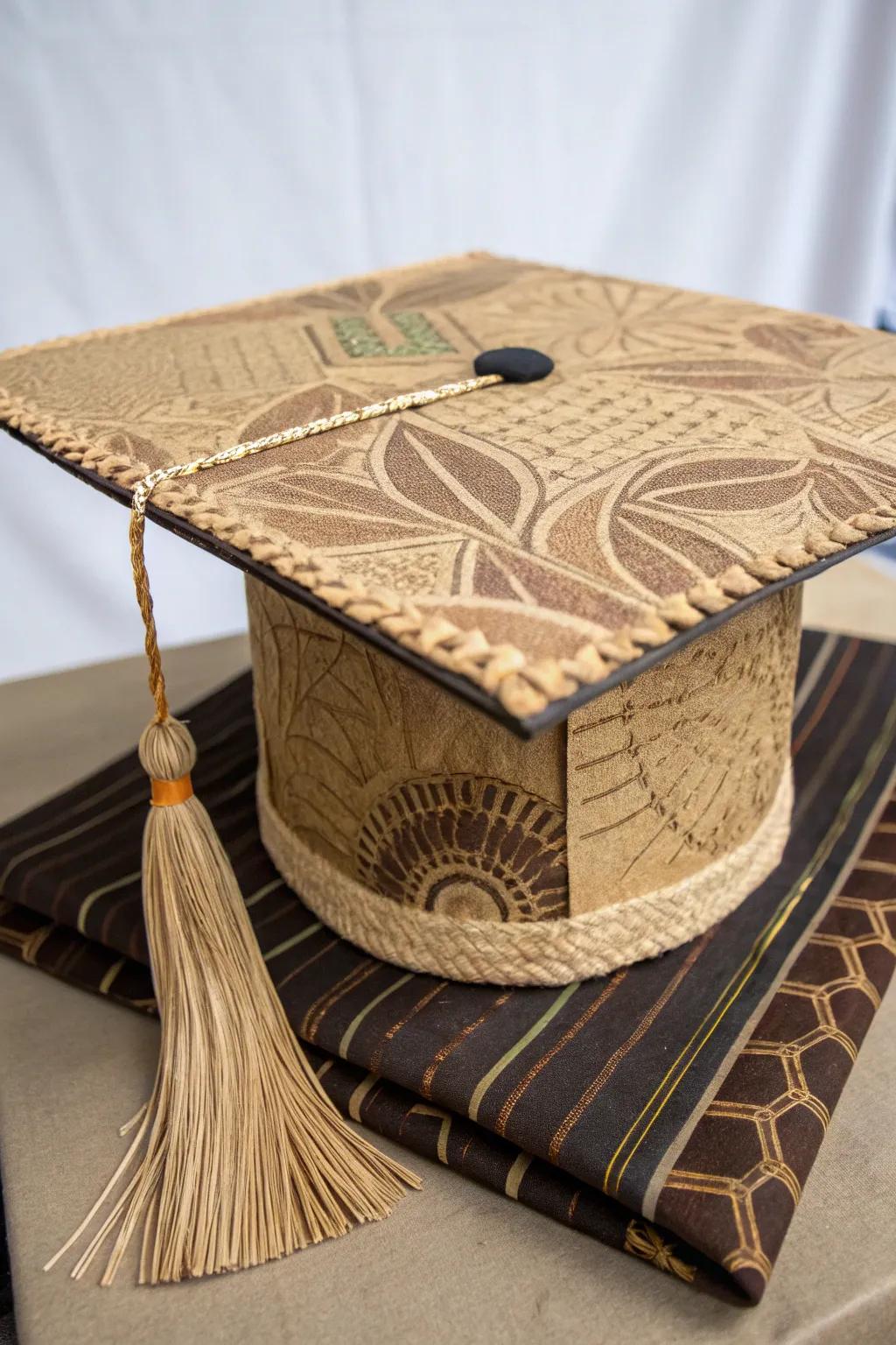 A graduation cap crafted with eco-friendly materials for a green touch.