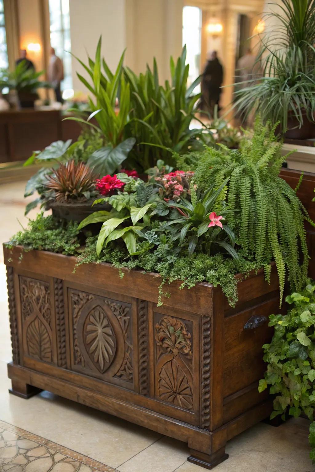 A blanket chest becomes a lush plant holder, bringing nature indoors.