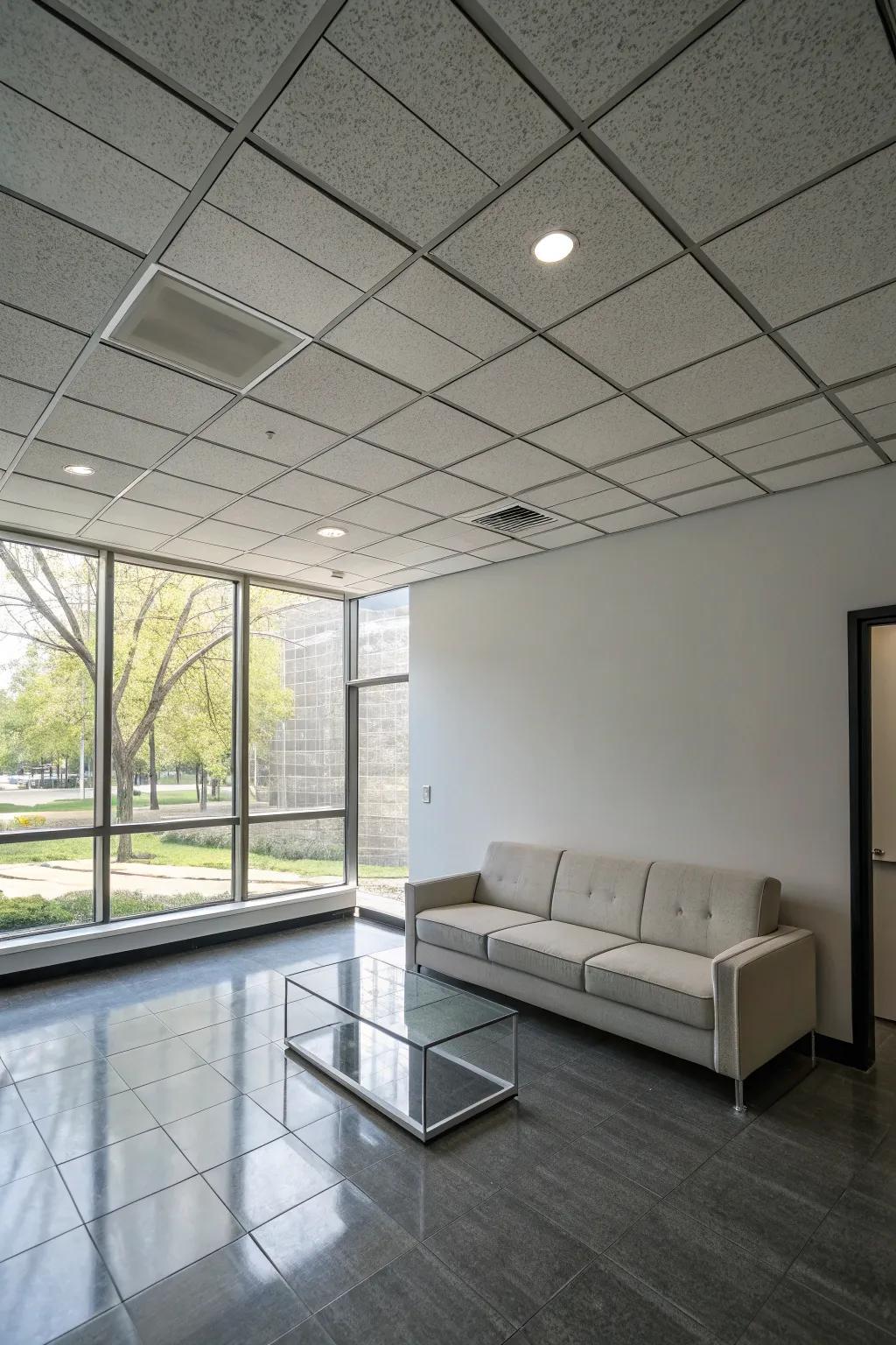 A minimalist room featuring polished ceiling squares for simplicity.