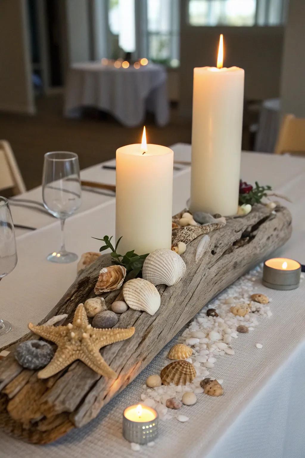 Shore-inspired charm using a driftwood centerpiece base.