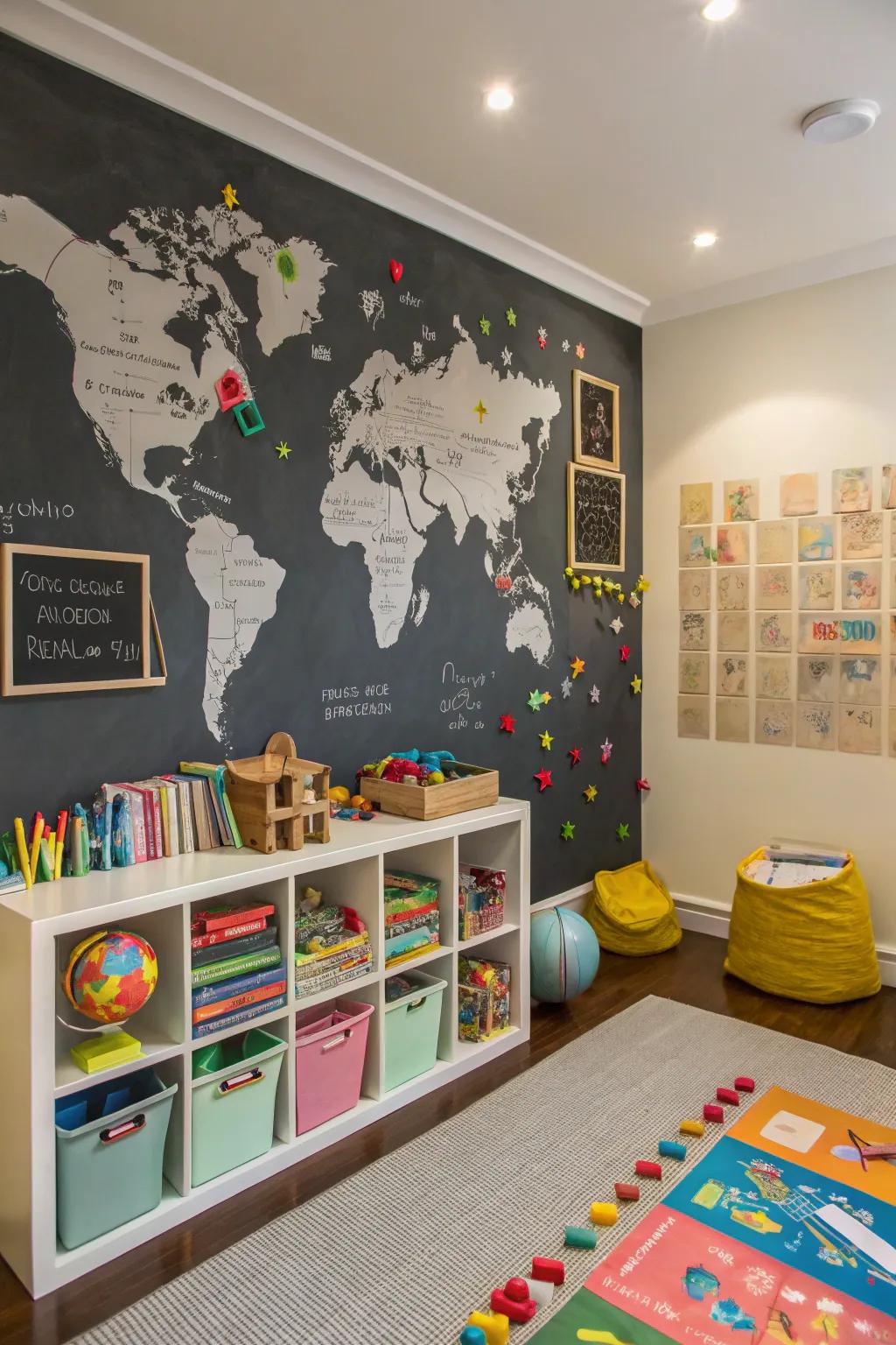 A chalkboard map sparks curiosity about the world.