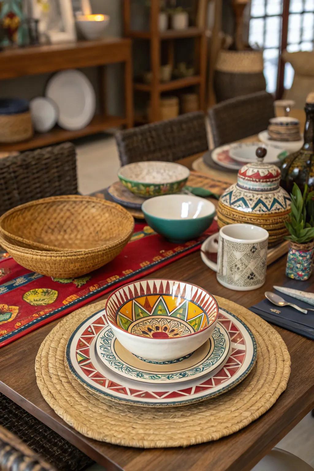 For an exotic and varied table setting, use culturally inspired charger plates.