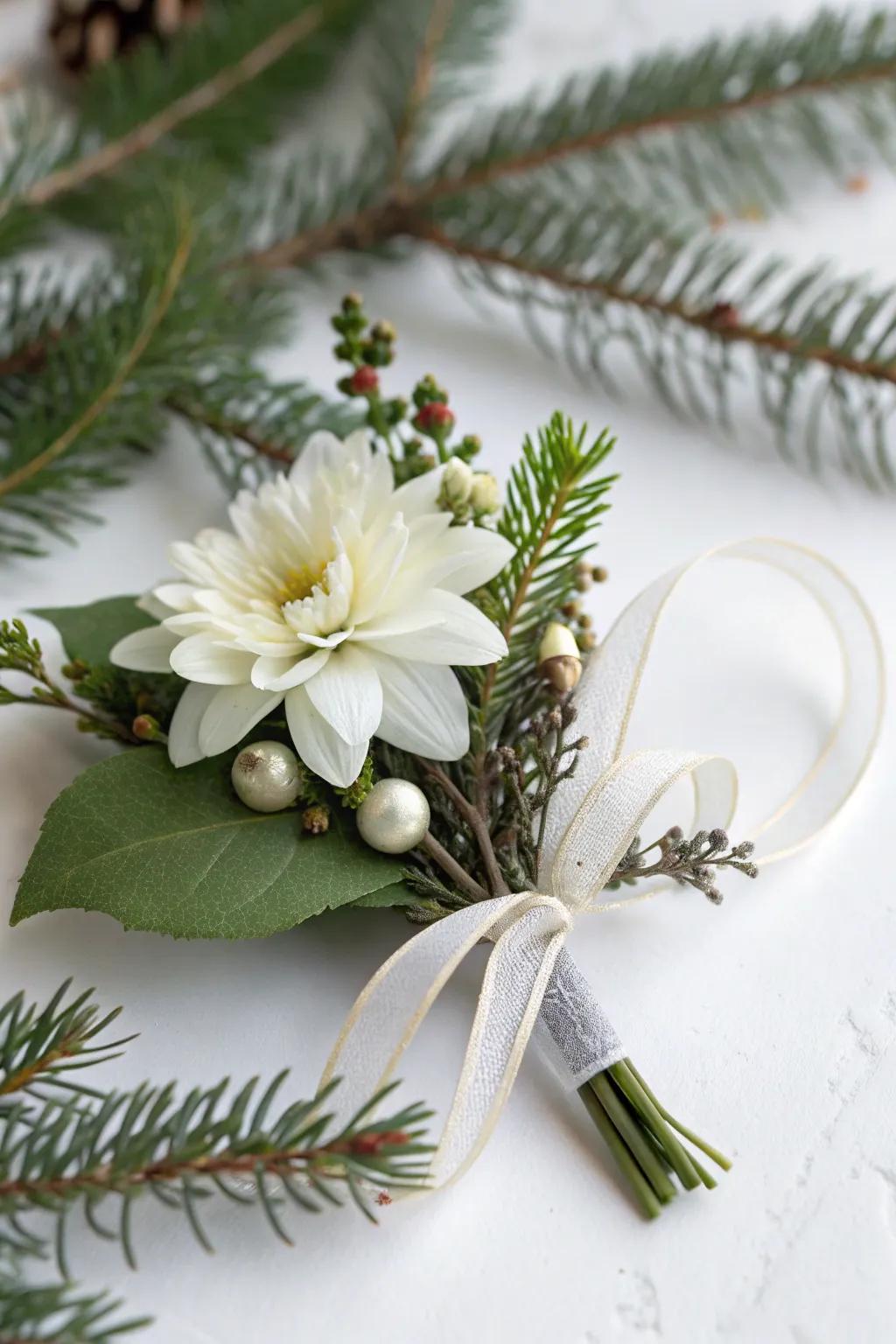 A chic minimalist holiday adornment featuring an ivory bloom.