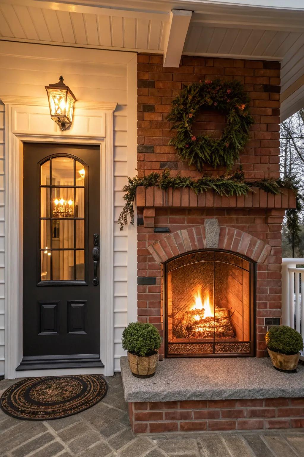 A warm and cozy fireplace exterior for a homey holiday ambiance.