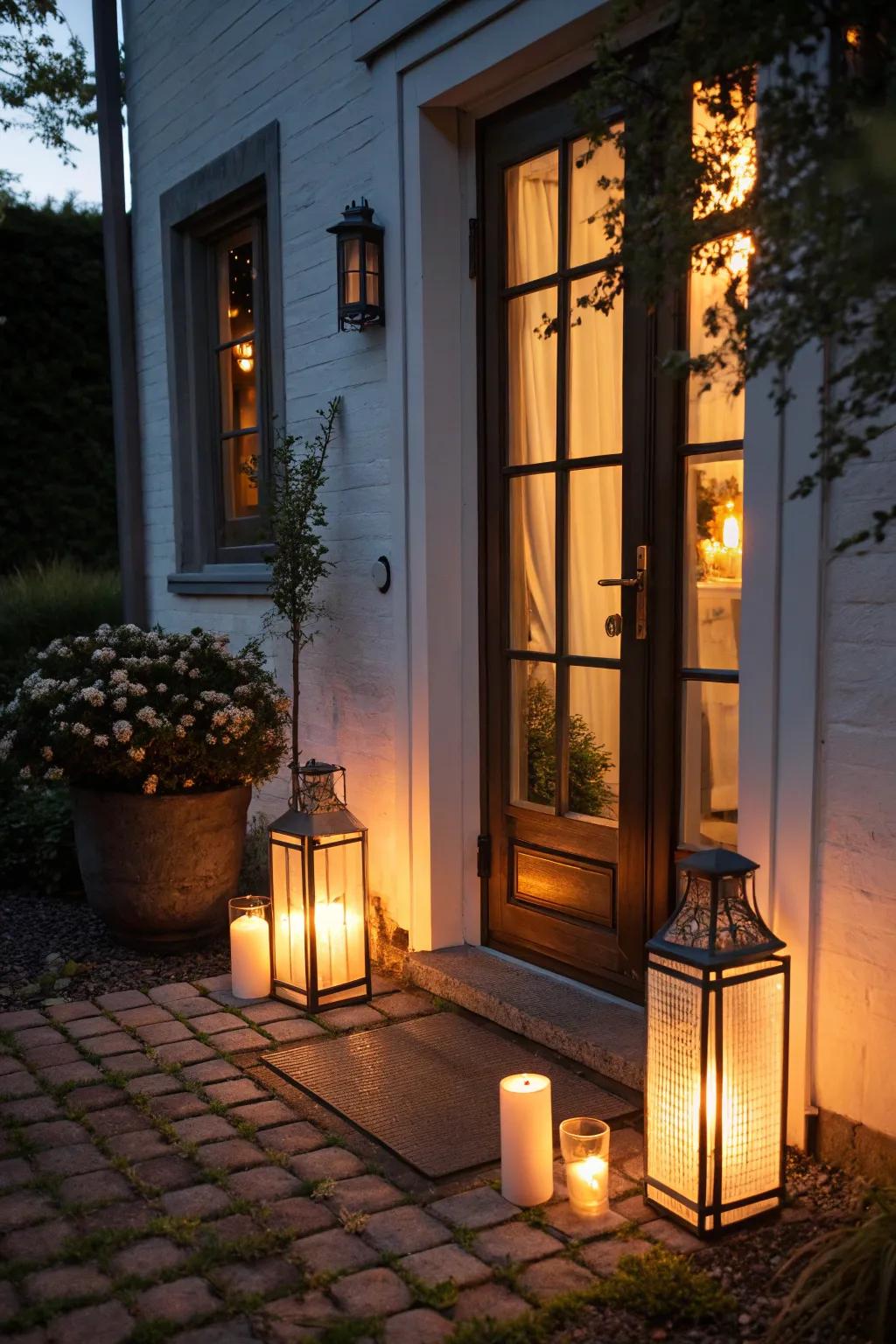 Lanterns illuminate the way to this inviting holiday door.