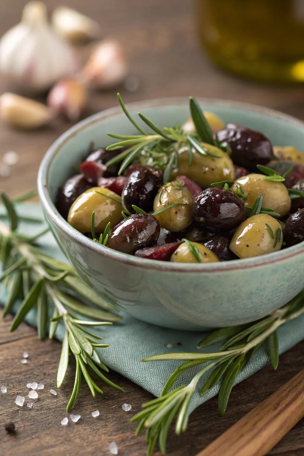 Garlic and herb marinated olives are a flavorful addition.