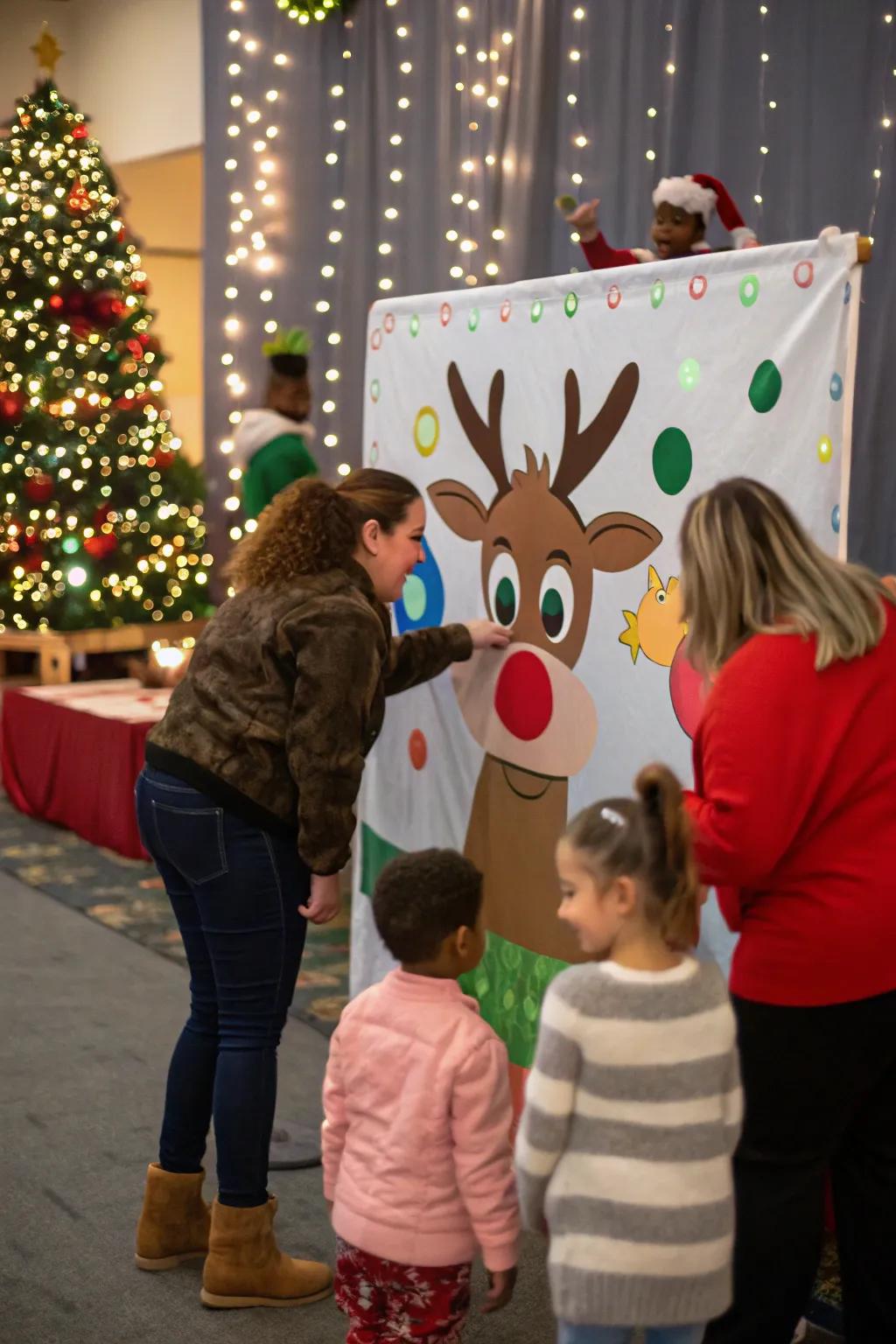Participants relishing the quintessential game of affix the proboscis on Rudolph.