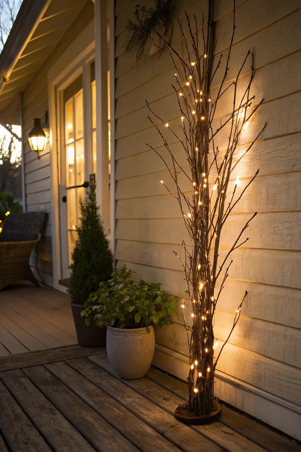 Illuminated branches produce a straightforward yet striking porch decoration.