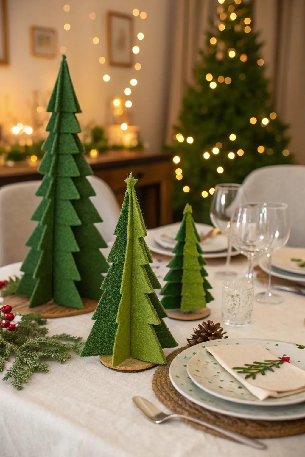 Handmade felt trees add a simple charm to the holiday décor.