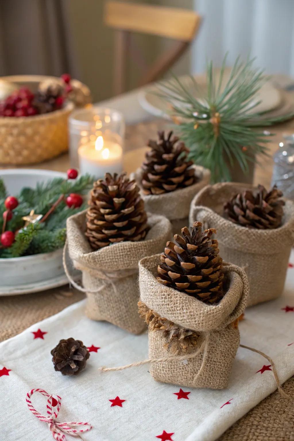 Scented cone ornaments extend a rustic and fragrant token.